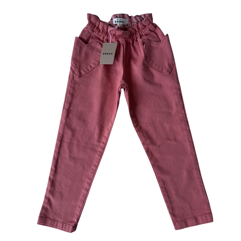 NWT Mini Boden Pink Denim Pull-On Trousers, Heart Pockets Pink Heather, Size 6